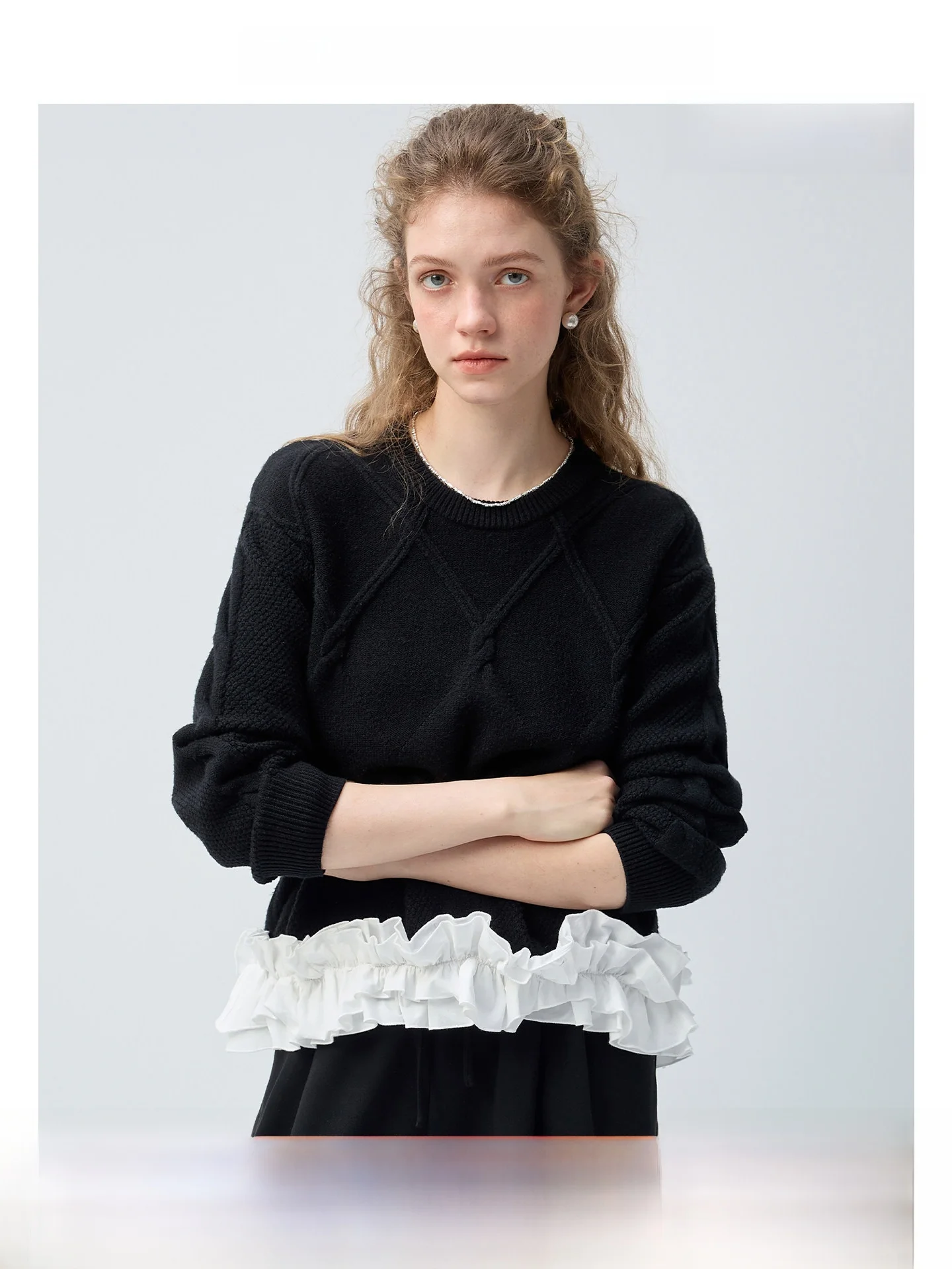 

Vega Chang Women's Knitted Sweater round Ne Splicing 3D Floral Lace New Spring Faionable Straight Tube Top Quali