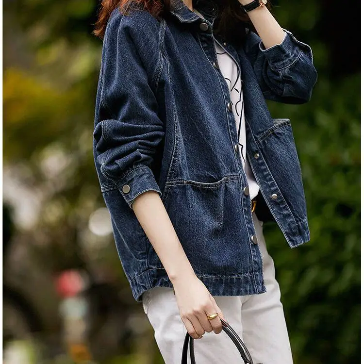 Deep Blue Denim Jacket Women's Loose Fit Casual Style Spring Autumn New Fashion Age Reduction Slimming Short Coat Trendy