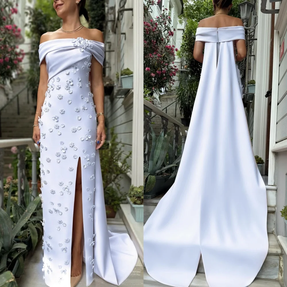 

Customized High Quality Elegant Charmeuse Flower Pleat Straight Off-the-shoulder Long Dresses Bespoke Occasion Dresses Matching