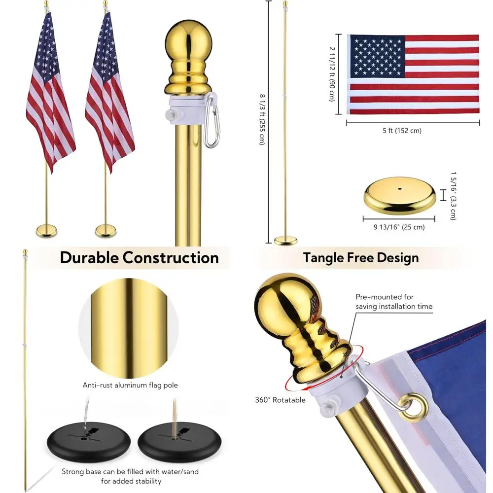 

Yeshom 2-Piece 8-Foot Indoor Flagpole Set with Gold Ball Topper, Aluminum Construction, Heavy Duty Gold Stand, Including 3x5-Foo