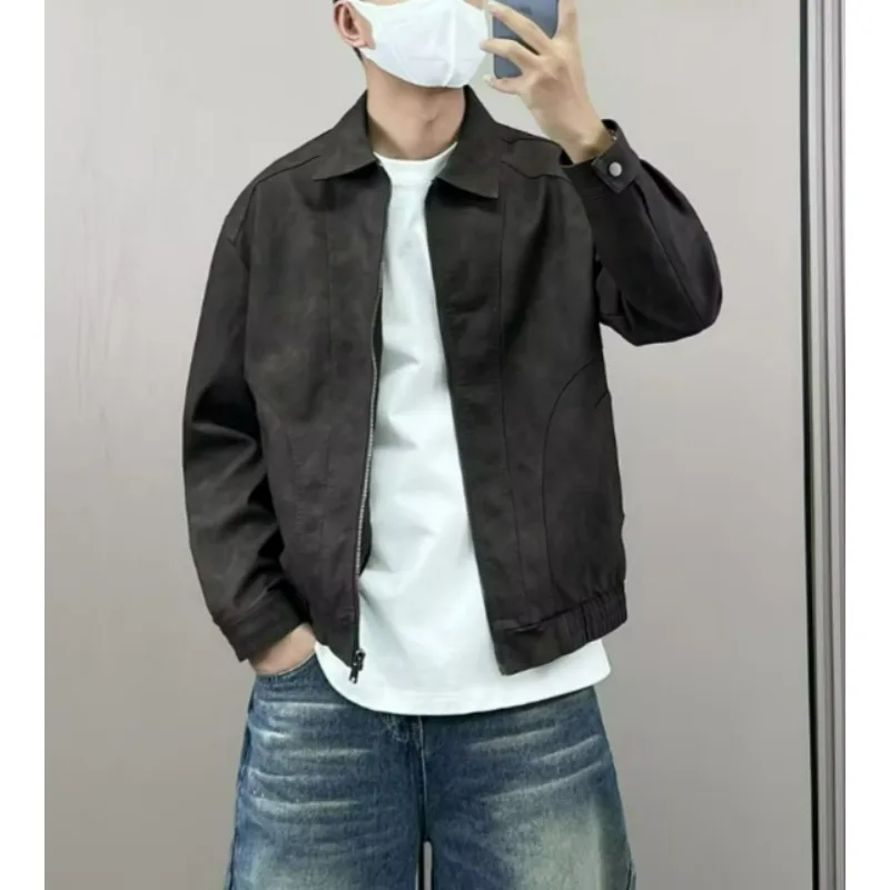 

Vintage Men PU Leather Jacket Lapel Business Casual Light Motorcycle Coat Solid Color Korean Style Windproof Autumn Leather Coat