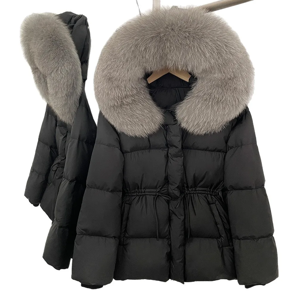 90 Белый утиный пуховик, очень большой воротник из натурального лисьего меха, теплая зимняя парка, роскошная куртка-пуховик с капюшоном, верхняя одежда