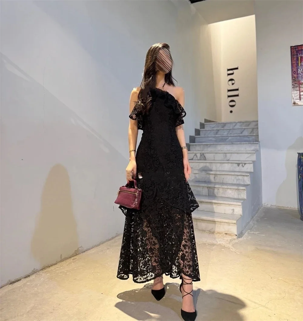 Black Lace Women Long Bespoke Occasion Gown Evening Dresses Pastrol Unisex Jersey Retro Dubai Saudi Arabic Prom Customized