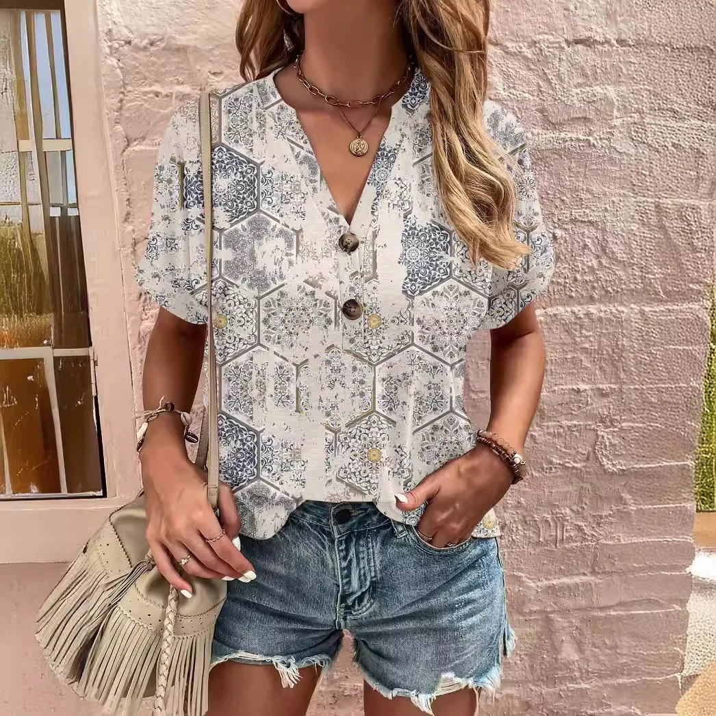 Nowa letnia moda damska koszulka z nadrukiem z dekoltem w kształcie litery V damska koszulka Harajuku modny guzik z krótkim rękawem Top luźny