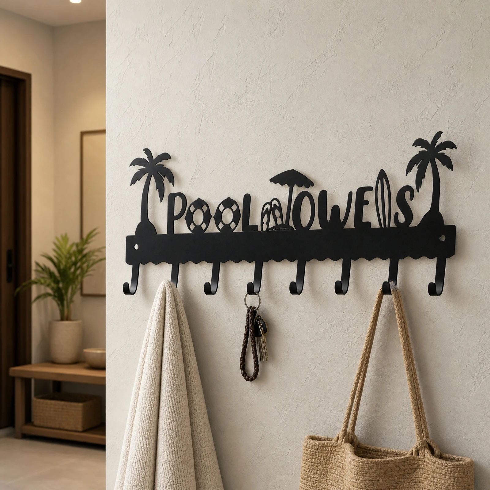 Metal Towel Hook Rack Coastal-Inspired Tropical Pool-Themed Wall Hook Rack with Cutout Design Easy to Install Sturdy