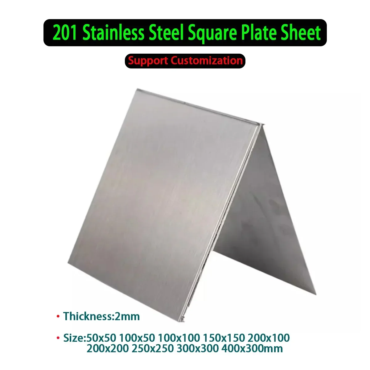 201 Stainless Steel Square Plate Sheet Thickness 2mm  Size50x50 100x50 100x100 150x150 200x100 200x200 250x250 300x300 400x300mm