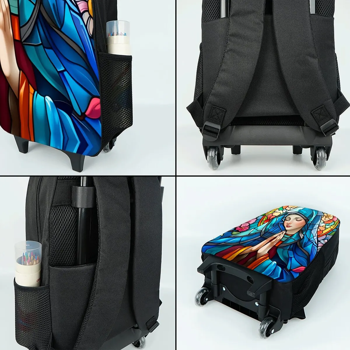 Set Tas Troli Beroda Motif Bunda Maria dengan Kotak Makan dan Tempat Pensil, Tas Ransel Troli Sekolah untuk Anak Perempuan/Laki-laki