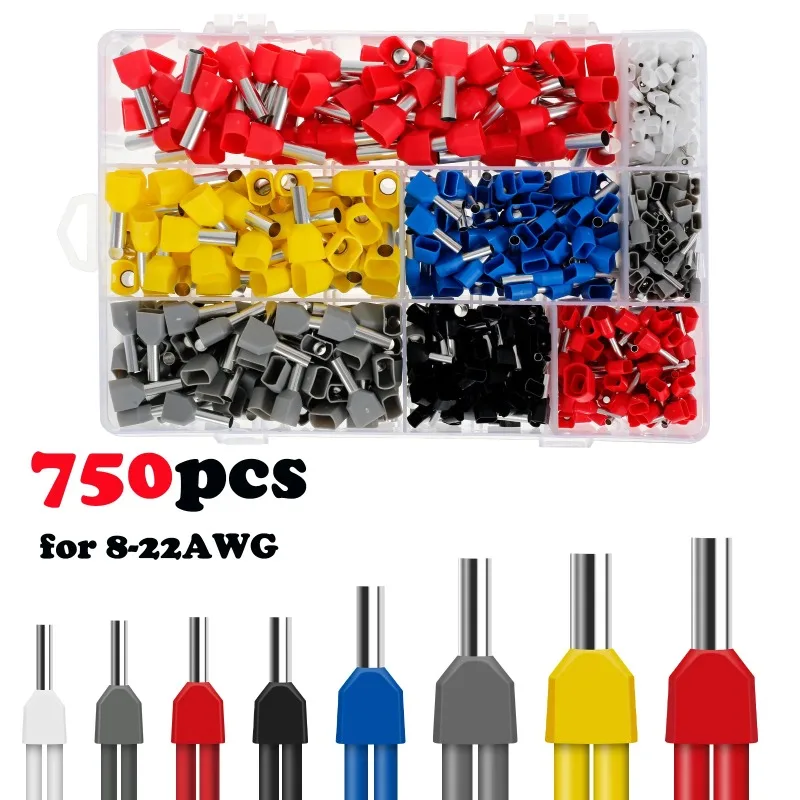 

750pcs Twin End Set 0.5-10 mm² Double Wire End Ferrules Assortment Set Wire Ferrules Cable End Ferrules for Wire