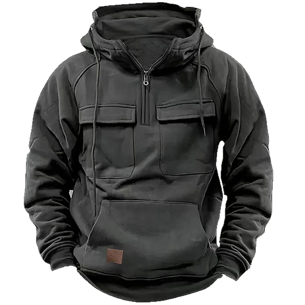 Men Solid Color Half Zip Hoodie Autumn Winter Multi Pocket Hooded Sweatshirt, Outdoor Sports Hooded Jacket for Young Men
