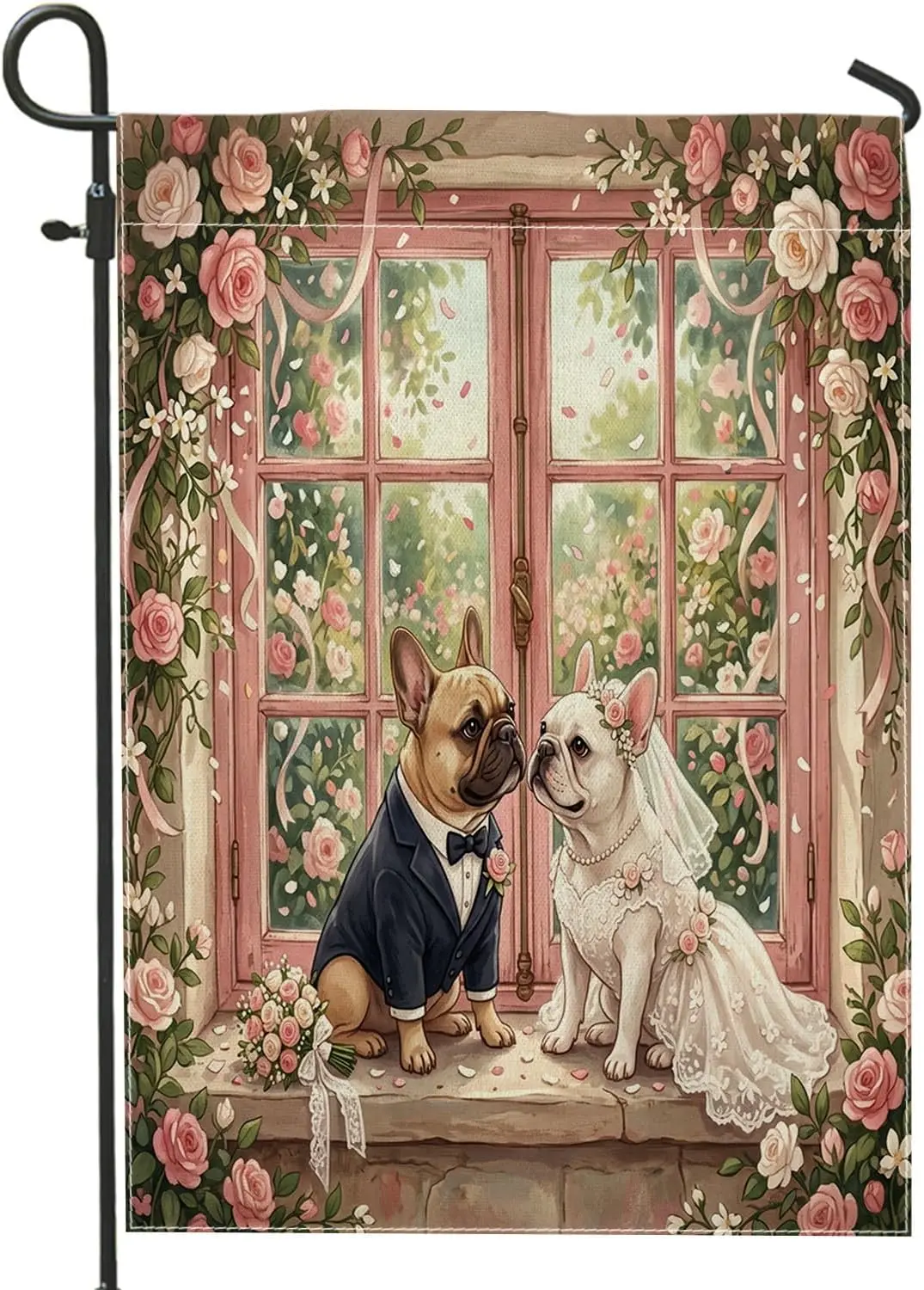Wedding Theme French Bulldog Dog Garden Flags 12x18 Inch for Outside, Marry Ceremony Romantic Standard Vertical Linen Flags, MMZ