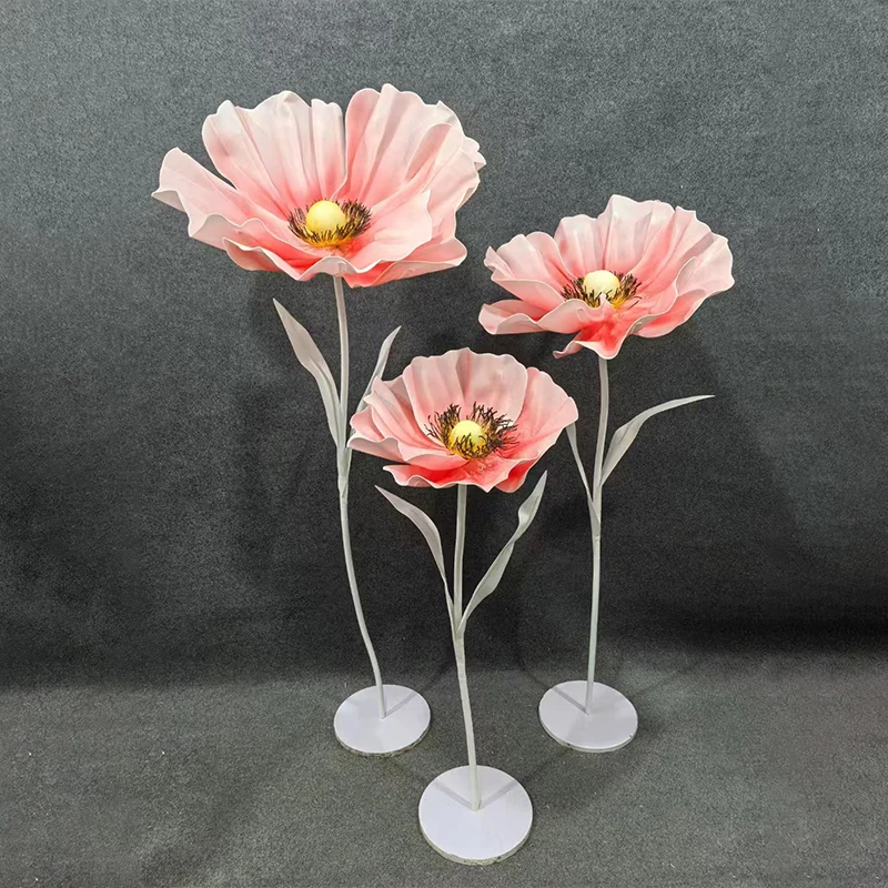 3Pc Set Giant Flower Poppy PE Artificial Flowers Outdoor Garden Wedding Road Guide Flower Stand Stage Party Decor Window Display