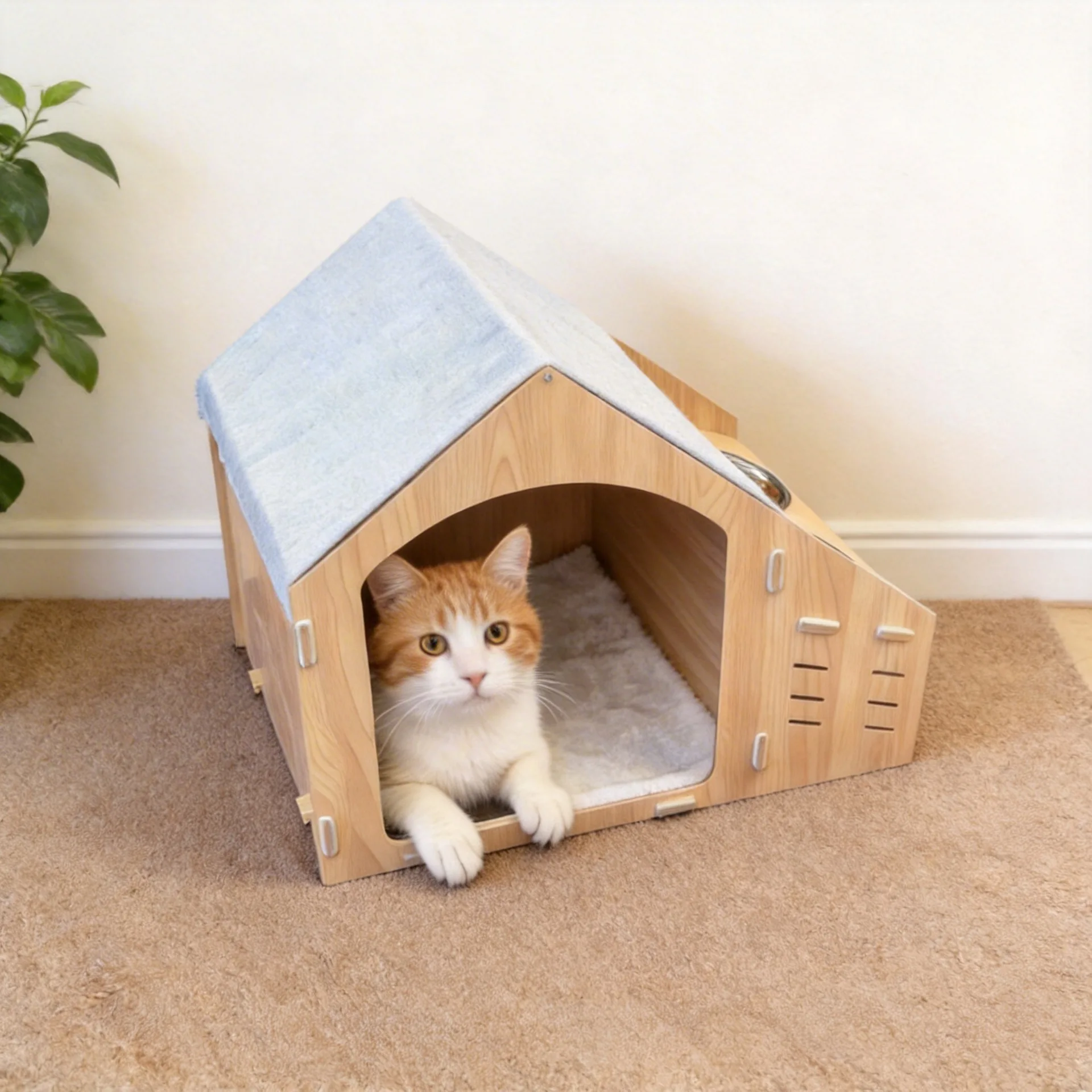 Casa de madera para gatos con comedero integrado, cama y rascador - imagen 2
