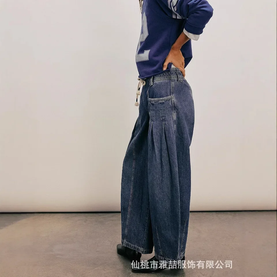 Women's New Spring Fashion Drawstring Low-rise Denim Straight Leg Pants. Casual, Vintage Loose and Comfortable Tube Jeans Women