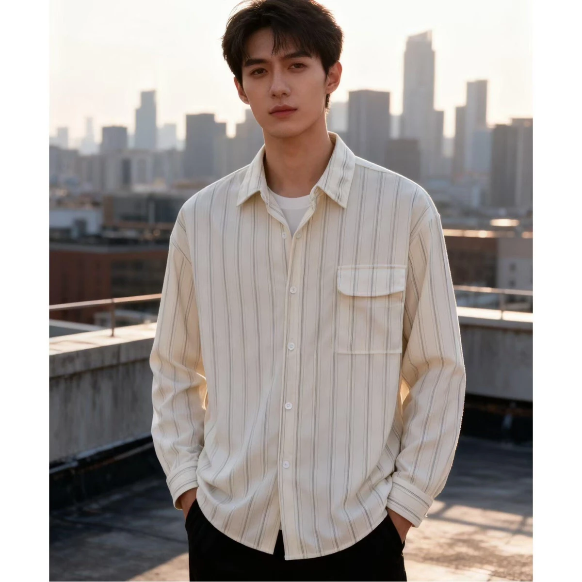 

Long Sleeve 2025 Letter Print Shirt Men's Hong Kong Style Casual Outerwear Polyester Fiber Loose Fit Spring Autumn Trendy