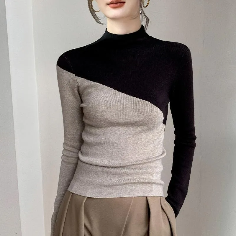 High-necked Knitted Women's 2024 Autumn New Niche Chic Sweater Slim-fitting Inner Wear Constracting Color Pullover