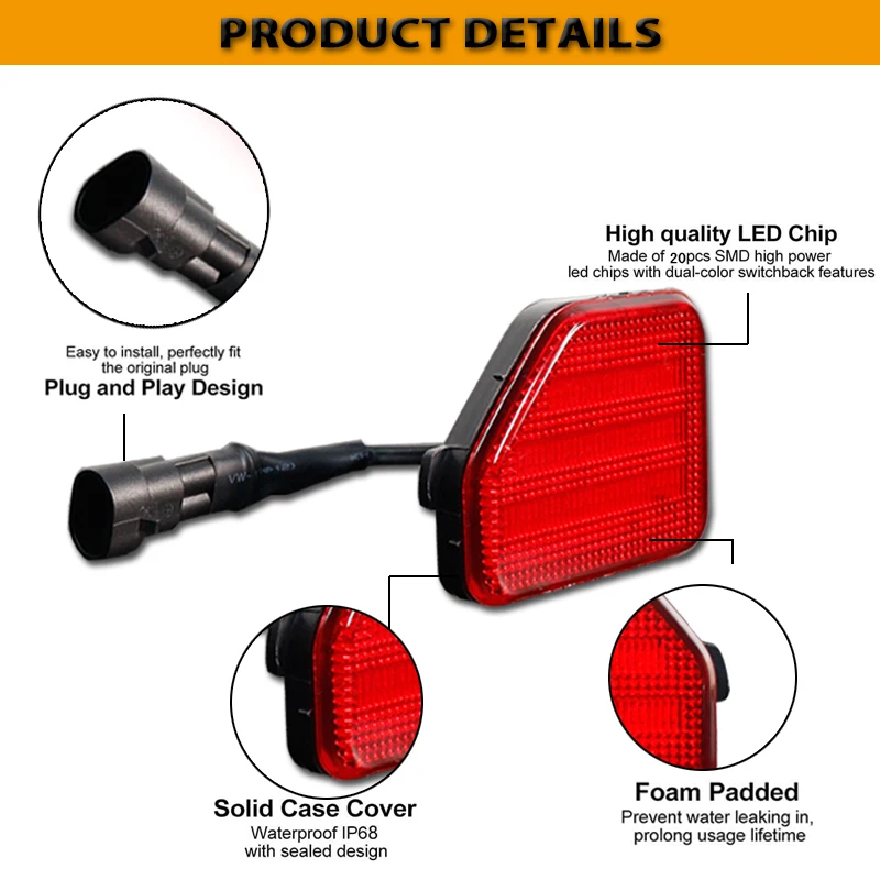 2pcs Car Taillight Style Red LED Bumper Reflector Lights For 2018-up Jeep Wrangler JL Function as Tail, Brake & Rear Fog Lamps