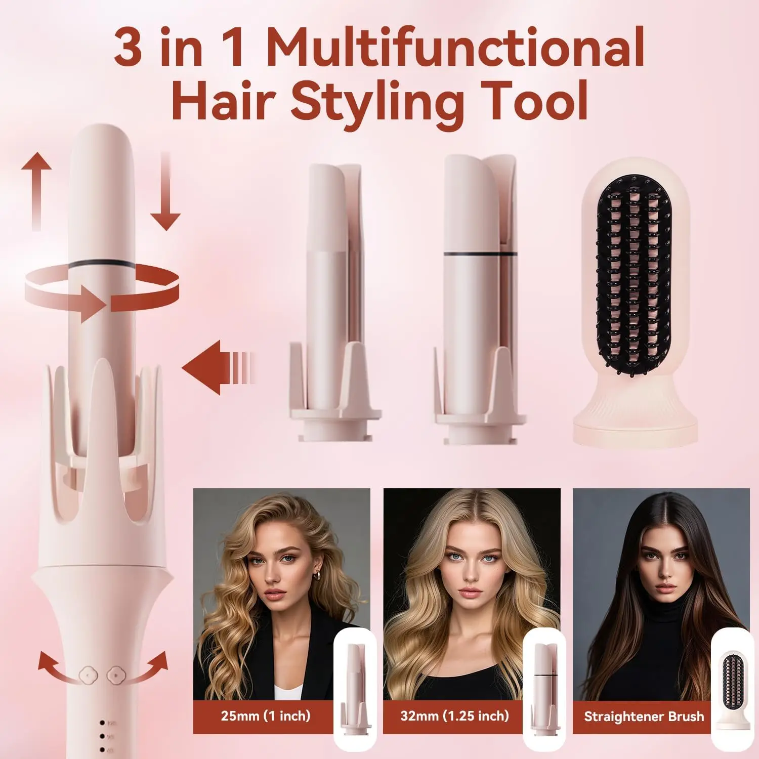 3-in-1 Automatic Curling & Straightening Iron with Ceramic Barrel Temperature Timer Negative Ions