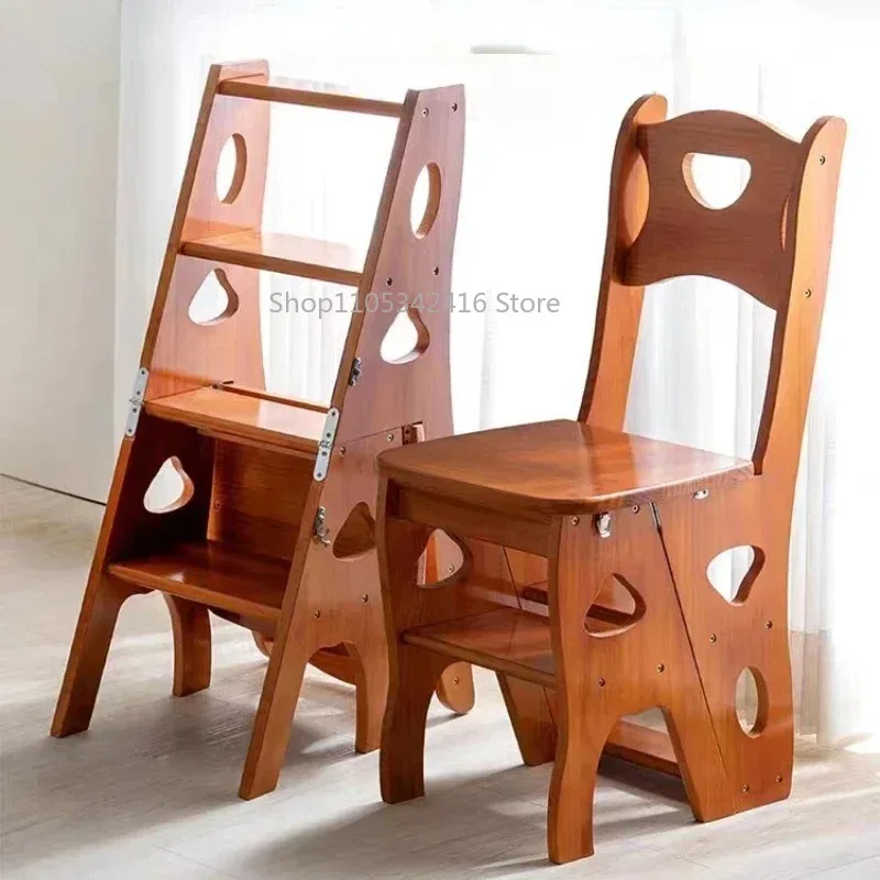 Solid Rubber Wood Folding Step Stool, Modern Multi-Purpose Non-Slip Household Ladder for Kitchen Home Daily Use