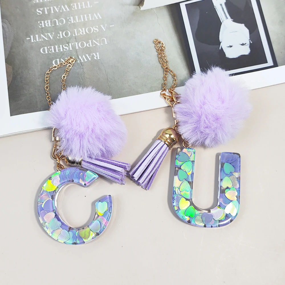 Cute Purple Resin Letter Charm for Stanley Cup Shiny Butterfly Tassel Pendant Initials Keychain Women Car Tumbler Accessories