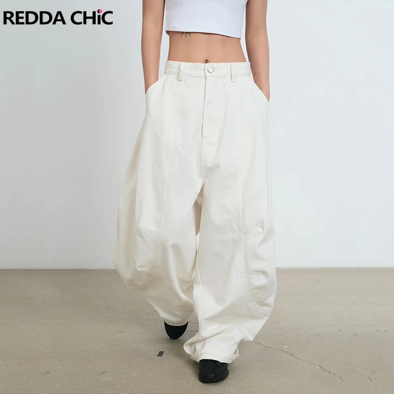 REDDACHiC Silhouette Barrel Jeans for Women Street Seam Patchwork Low Rise Solid Wide Leg Oversize Pants Korea  Everyday Wear