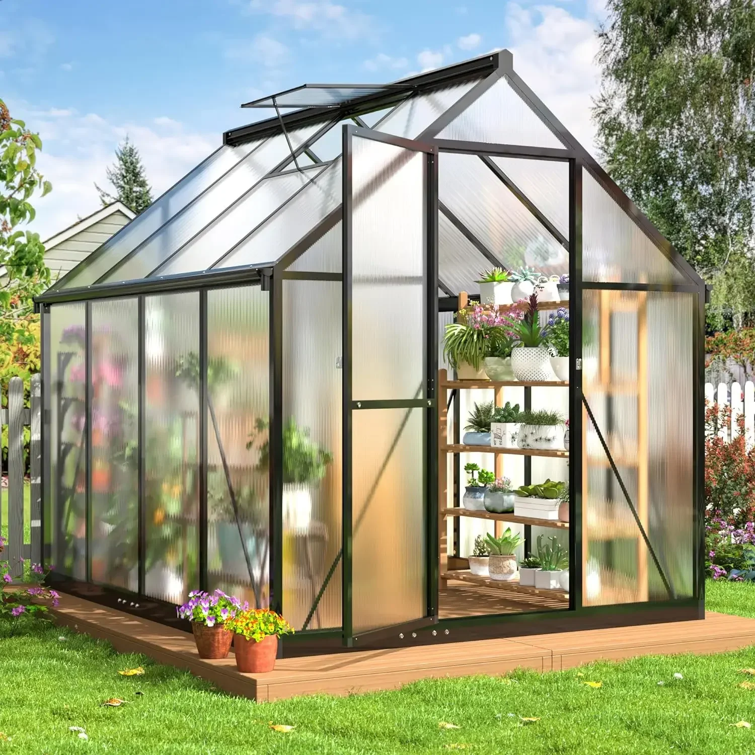 

6x7.5 FT Greenhouse for Outdoors, Polycarbonate Greenhouse with Quick Setup Structure and Roof Vent, Black