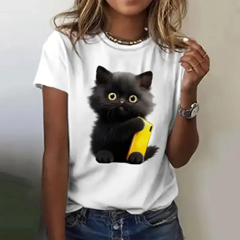 Women's Summer Short Sleeve Black Cute Kitten Print Casual Knit Printed T-Shirt Fashion Street Round Neck Loose Pullover