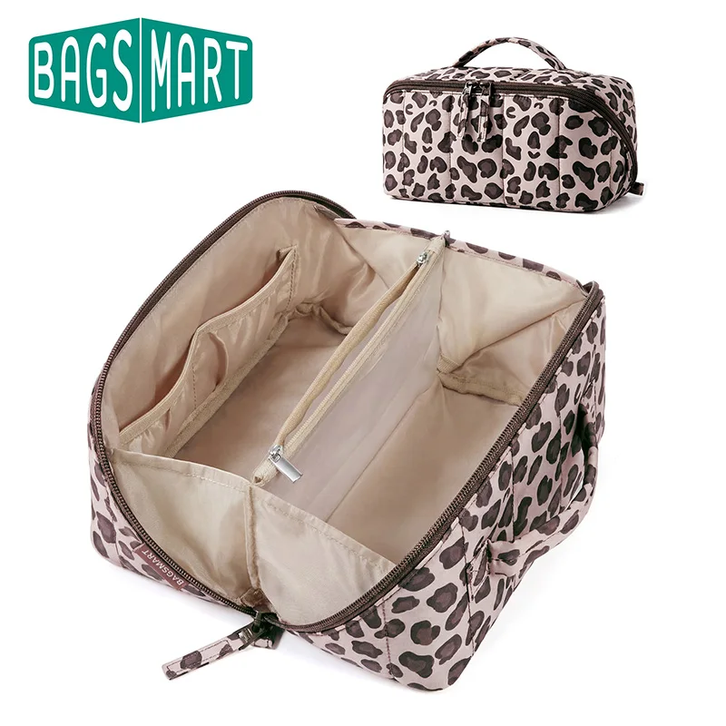 BAGSMART Women's Puffy Travel Makeup Bag Open Flat Water Resistant Brown Toiletry Bag Portable Puffy Padded Make Up Organizer
