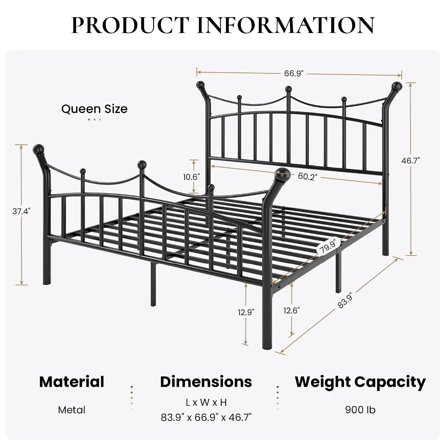 Victorian Crown Metal Bed Frame Queen Size Black, Customized