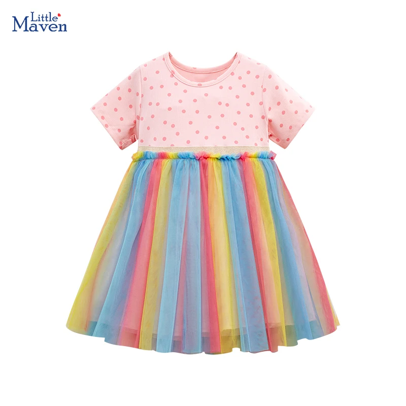 

Little maven 2024 Summer Princess Korean Clothing for Baby Girls Cotton Children Kids Clothes Cartoon Rainbow Kids Mesh Dresses