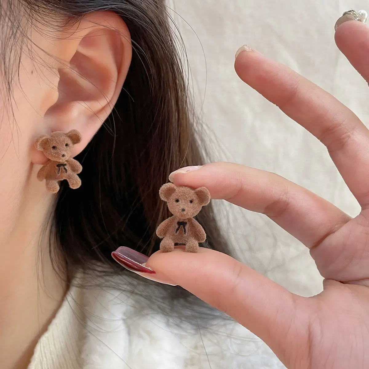 Cute Flocking Plush Rabbit Bear Stud Earrings Kawaii Brown Khaki Animal Earrings For Women Girls Korean Sweet Fashion Jewelry