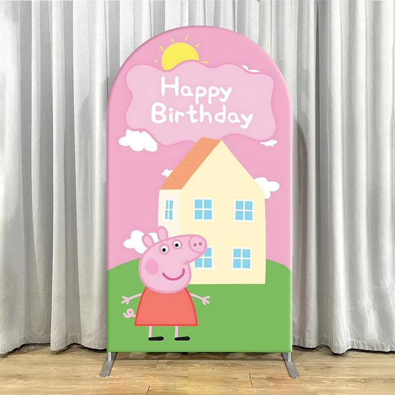 2D Flat Arch Backdrop Cover Single Layer Non-Stretch Fabric Peppa Pig Birthday Party Set with Happy Theme and Character Scenes