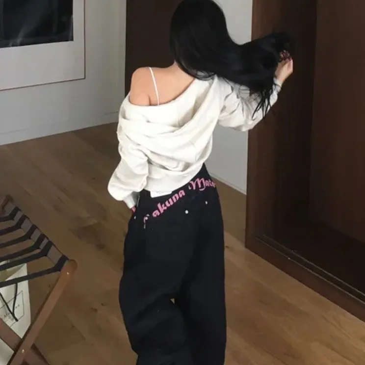 

East Gate Spring New Casual Jeans Women's Long Pants Embroidered Slimming Blue Denim Lettering High Waist Wide Leg Zipper