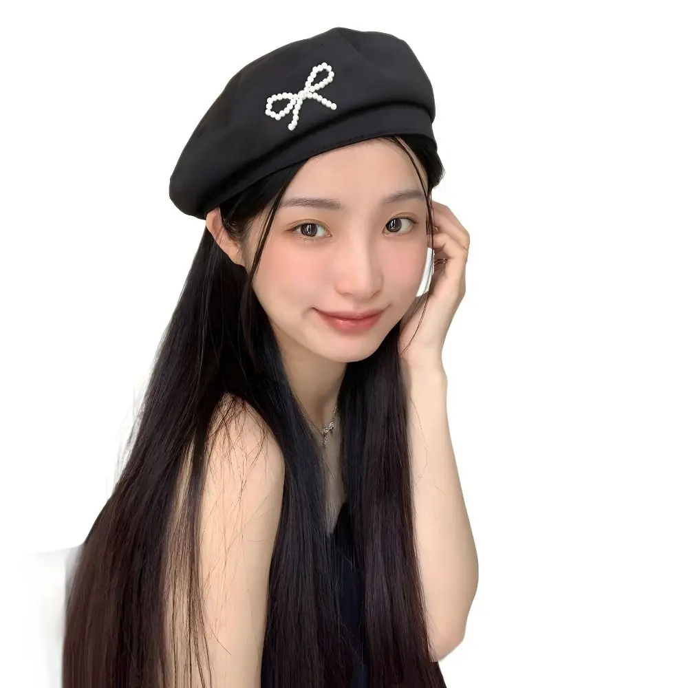 Temperament Pearl Bow Beret Solid Color British Style Women Octagonal Hat Newsboy Cap Y2K Girl Painter Hat Streetwear