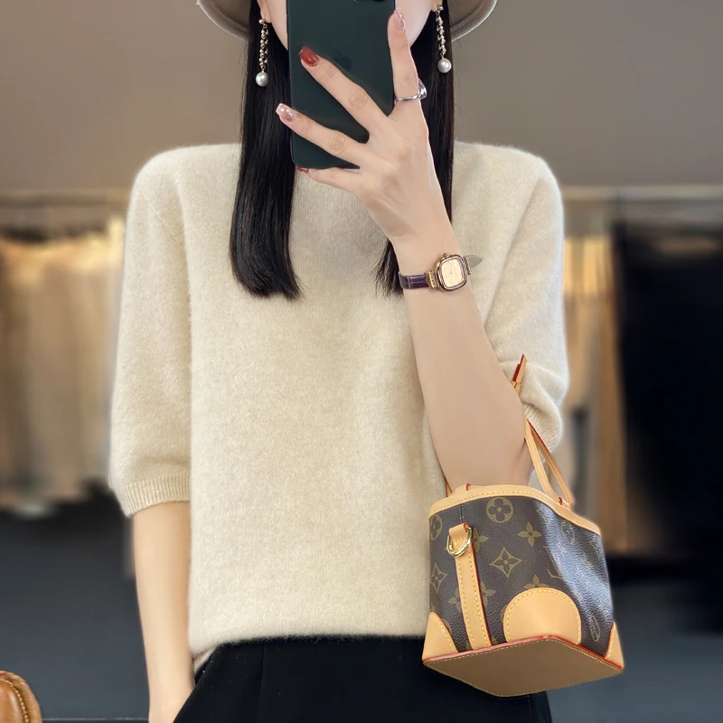 Spring and Autumn Joker Half Sleeve Knitted Sweater Women's 100% Pure Wool Short Sleeve Knitted Thin Semi-high Collar Bottom Shi