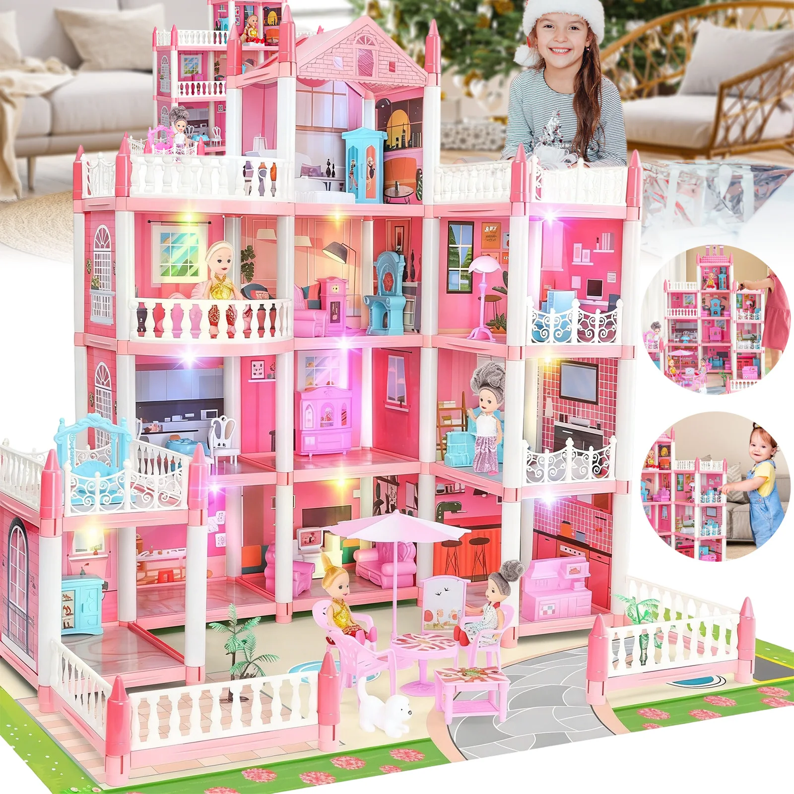 Puppenhaus für Mädchen, 4-stöckig, 11 Zimmer, Rosa Traumvilla, Bausatz mit Balkon, Arbeitszimmer, Wohnzimmer, Schlafzimmer, offenes Design, Möbelset, DIY Kreatives Zusammenbau-Geschenk,