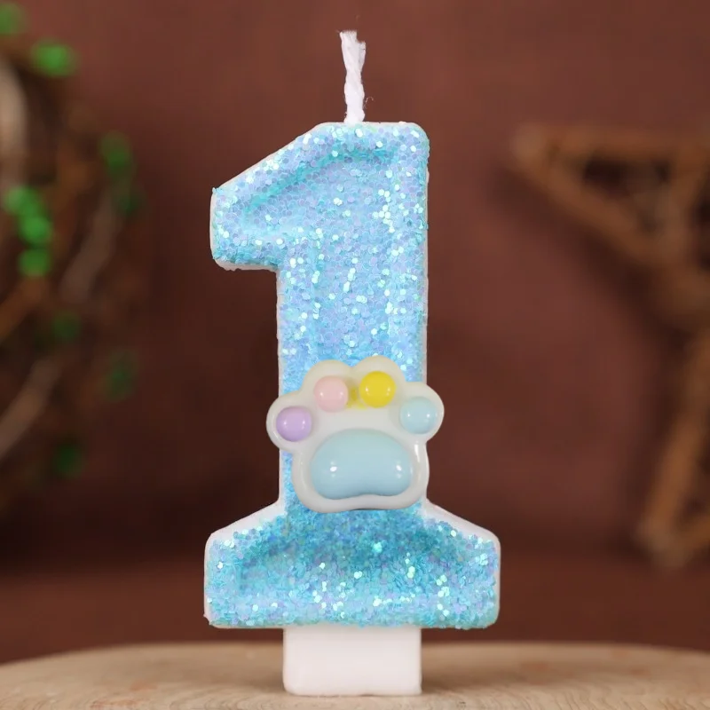 3D Number Candles Cake Decorating Glitter Blue Claw Theme Number Candles Paws Cake Topper Birthday Party Cake Decoration