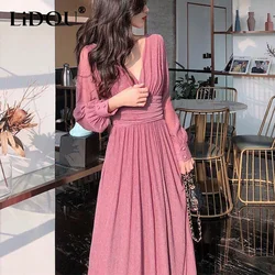 Wiosna jesień dekolt w serek eleganckie modne sukienki z cekinami kobiety z długim rękawem Temperament wieczór Party Maxi sukienka Femme Vestidos