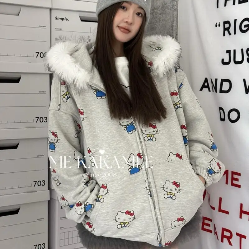 لطيف كيت طباعة هوديي المرأة فضفاض سستة قبعة مزدوجة اللون بلو ربيع الخريف سترة Jaet عارضة تخفيف Sle