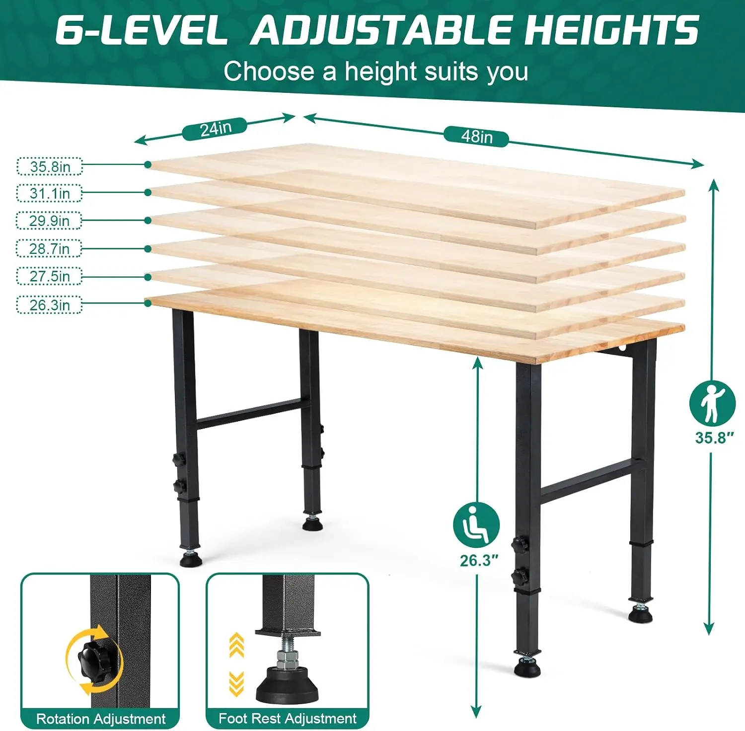 48 Inch Rubber Pad Workbench 2000LBS Heavy Duty Hardwood Workshop Office Garage Home No Power Outlets