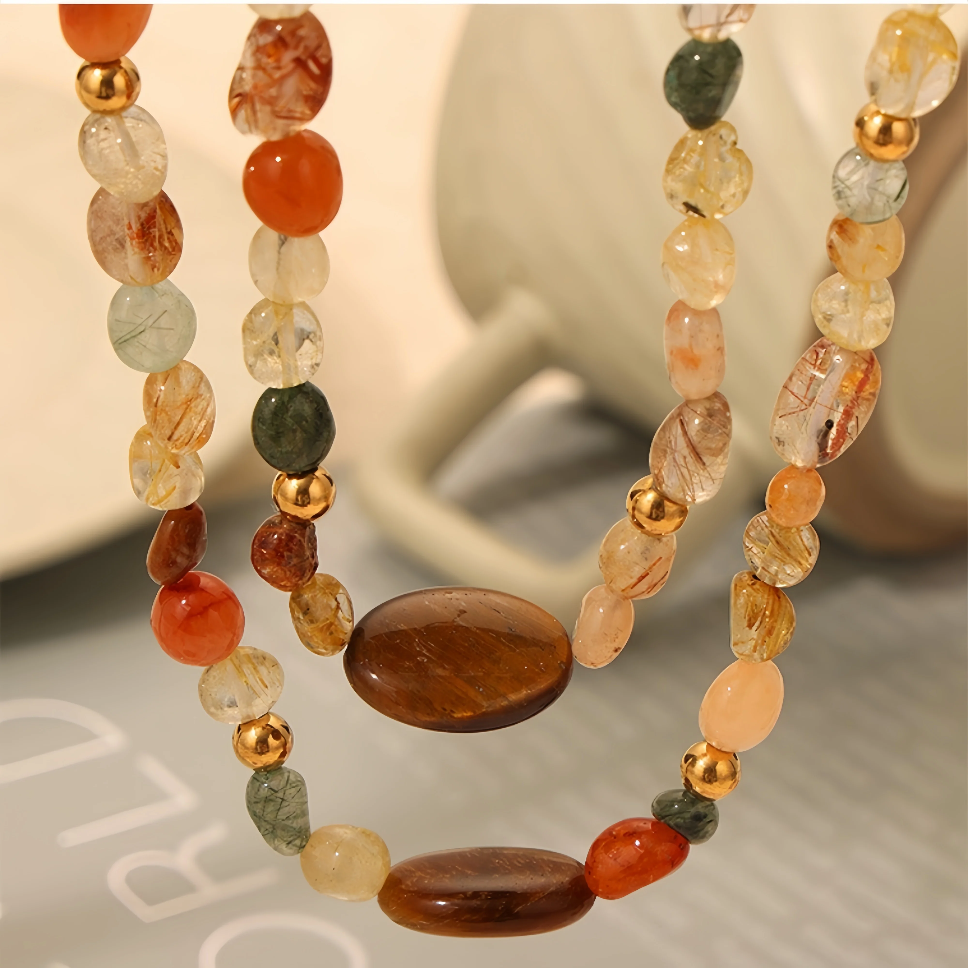 

Retro Colored Natural Stone Beads Chain Necklace Luxury 18k Gold Color Necklace For Women Fashion Titanium Steel Jewelry