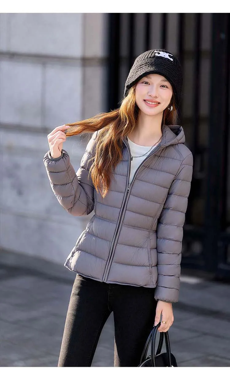 Women's Short Lightweight Hooded Down Jacket 2026 Autumn Winter High qulaity Waist-Cinched puffer coat Warm Solid color DJ729