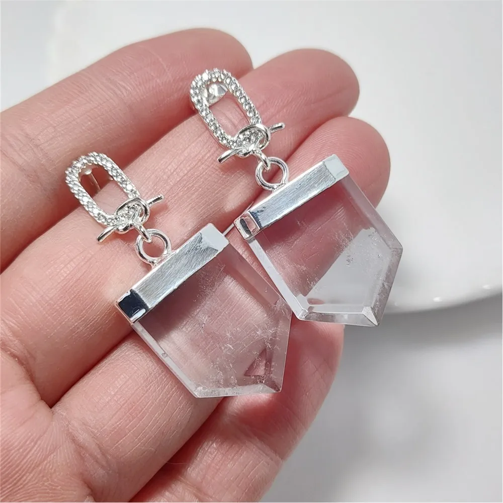 FUWO 1Pair Handcrafted Cubic Zircon Clear Quartz Earrings,Golden/Silver Plated Natural White Crystal Jewelry For Women ER211CZ