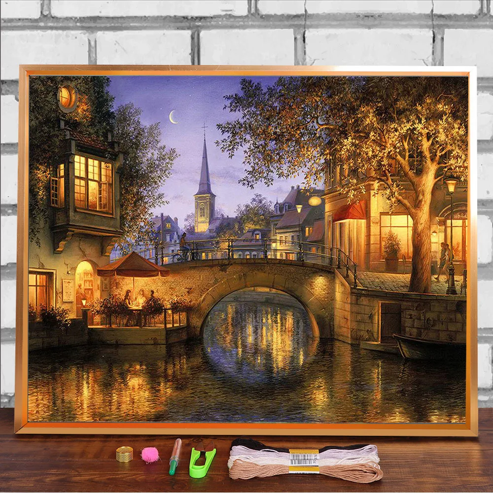 Landscape House Series Printed Fabric 11CT Cross-Stitch Embroidery Complete Kit DMC Threads Handicraft Knitting     Package