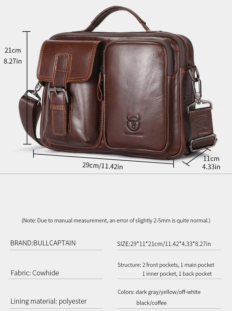 حقيبة كتف واحدة للرجال من الجلد الطبيعي متعددة الجيوب محمولة باليد ذات سعة كبيرة لتخزين الكمبيوتر المحمول