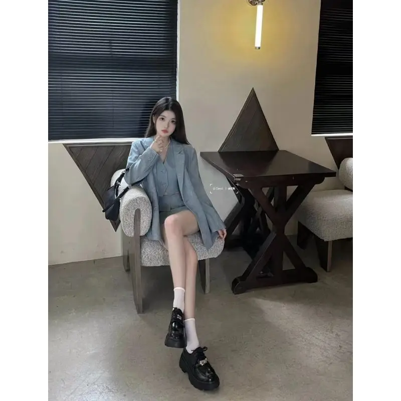 Winter Gray Y2k Vintage 3 Piece Set Women Casual Blazer Coat+vest Top+mini Skirt Female Korean Fashion Retro Japanese Suit 2024