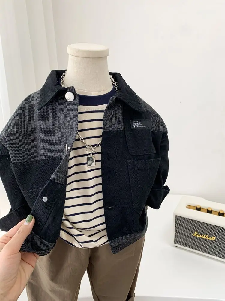 2-9Y Baby Boy Korean Patchwork Denim Jacket 2023 New Toddler Handsome Casual Fashionable Coat for Children\'s Spring Autumn Wear