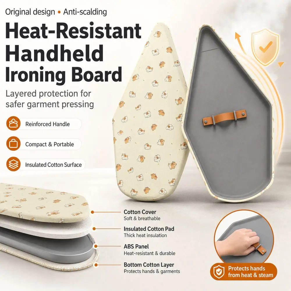 Heat-Resistant Handheld Ironing Board Insulated with Finger Loop Iron Pad Cover Sponge Padding Reinforced Handle