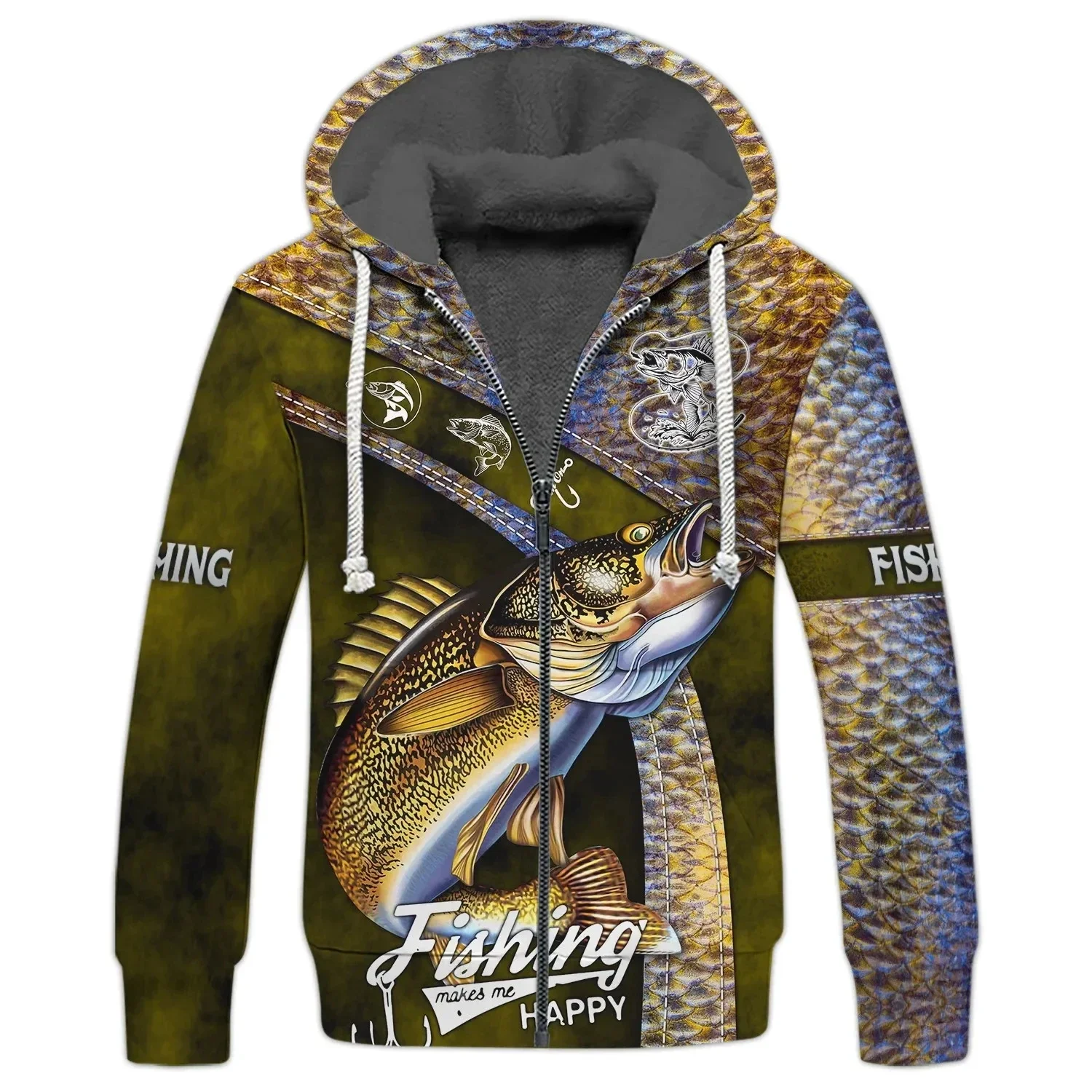 

Fashion winter men's zipper jacket Walleye Fishing 3D printed fleece zipper hoodie Unisex casual thickened warm zipper jacket