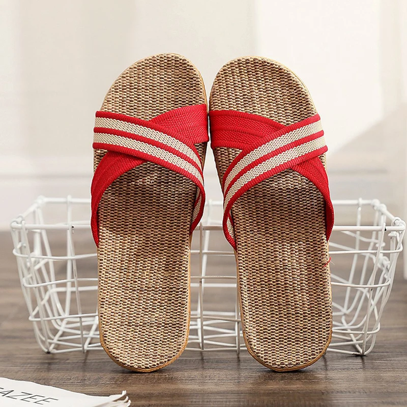 

Linen Summer Women's Slippers Home Flats Hemp Designer Woman Shoes Casual Indoor Slides Couple Soft Sole Lightweight Non-Slip