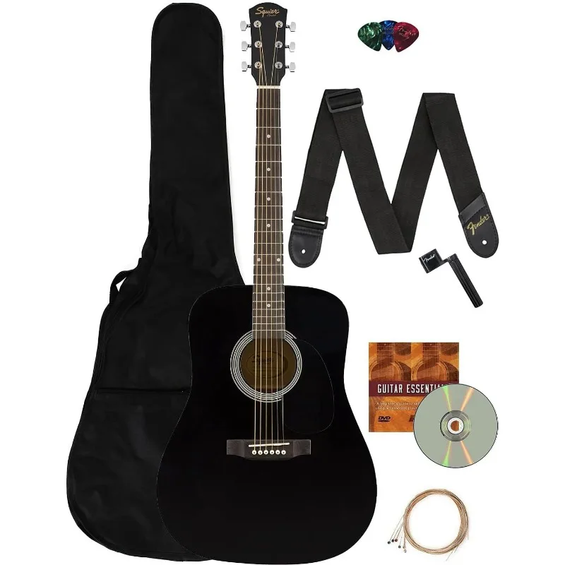 Fender Squier Dreadnought Acoustic Guitar Learn-to-Play - Black Bundle with Gig Bag, Strap, Strings, String Winder, Picks,Fender